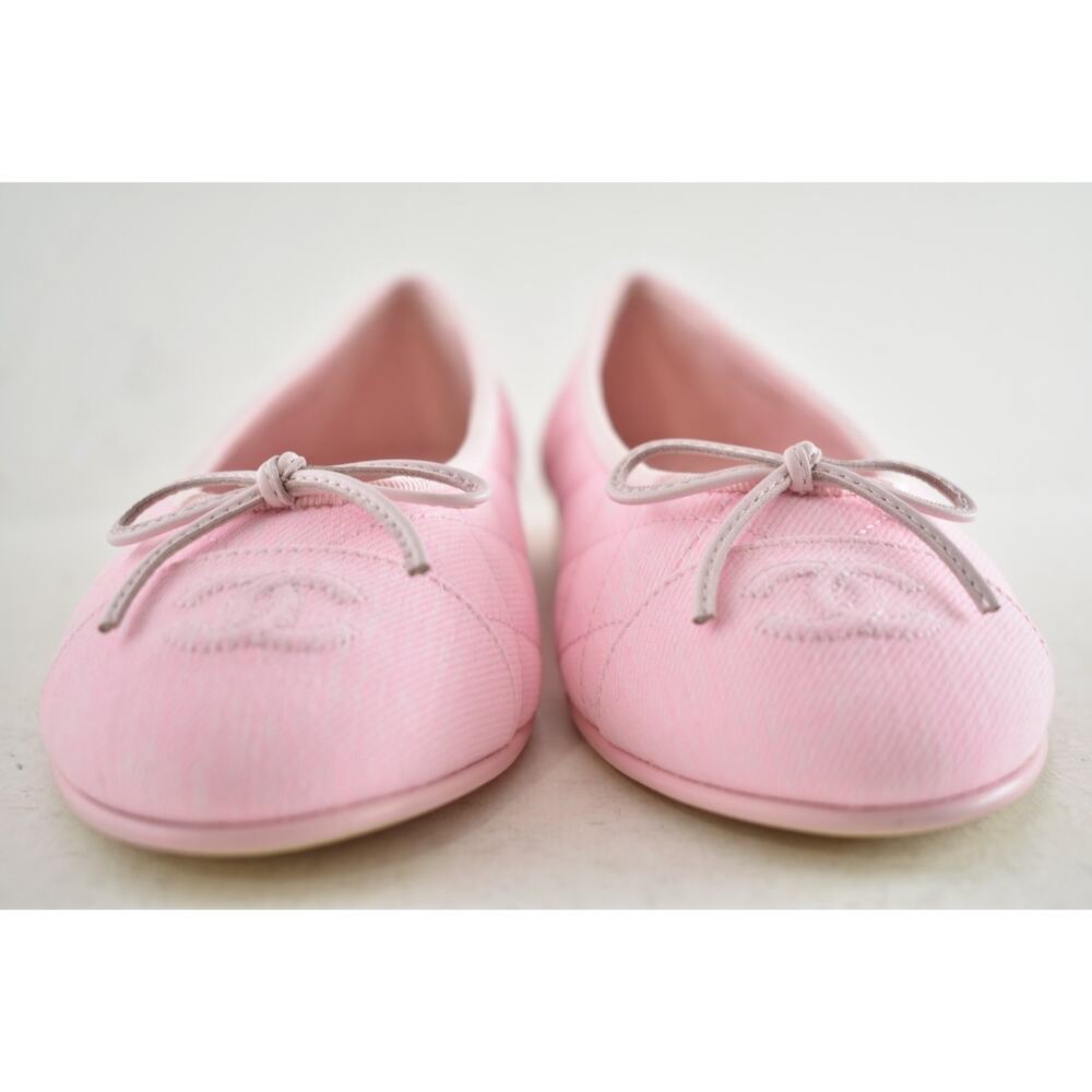 Chanel 26P Light Pink Denim Quilted CC Logo Bow Tie Ballet Ballerina Flat 38 - Picture 14 of 16